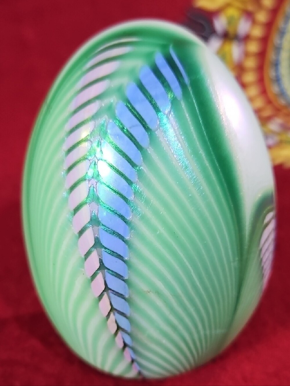 Handblown OBG Art Glass Feathered Egg in Green with Iridescent Ribbon